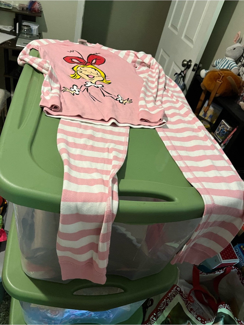 Hanna Andersson Pink and White Striped Two-Piece Pajama Set with Bunny Graphic